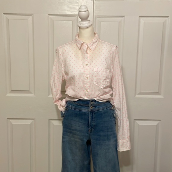 Merona Button Down Shirt Womens Medium White Pink Dot Cute Textured Fun Top - Picture 1 of 9